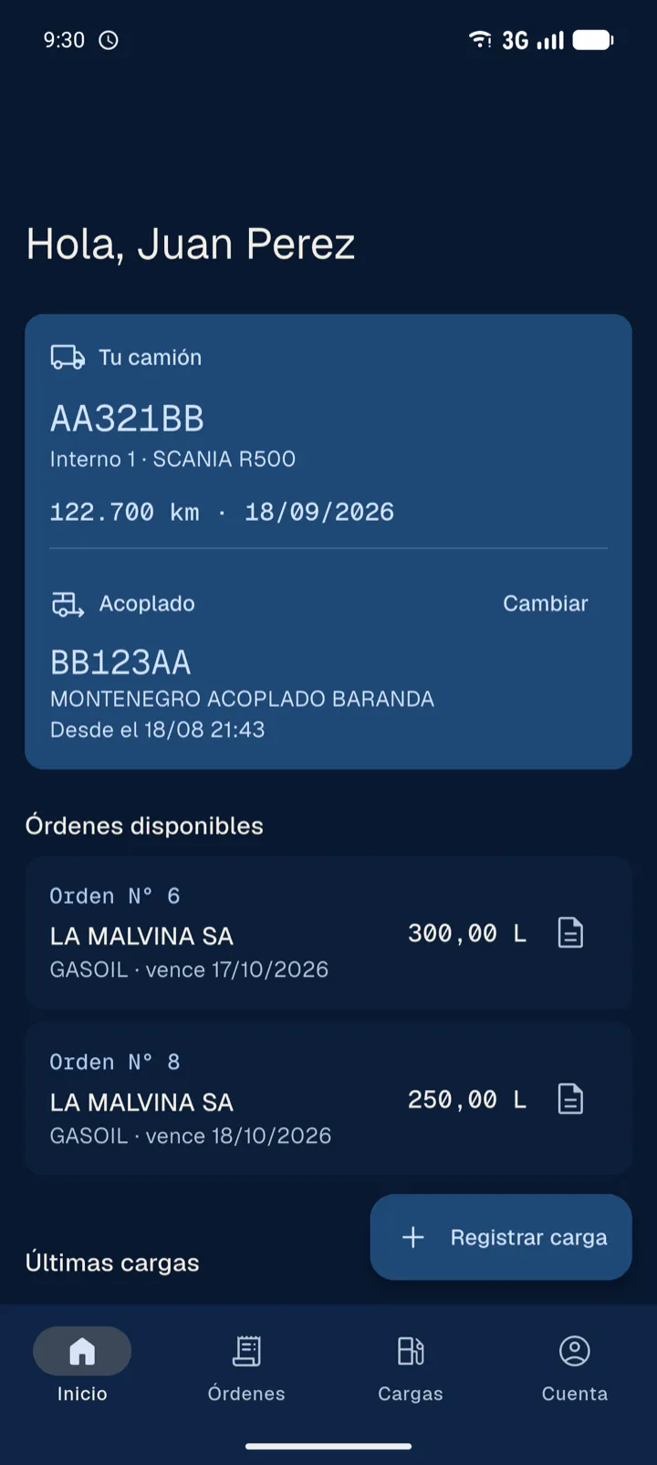 Inicio de la app: el camión asignado con su kilometraje, el acoplado enganchado y dos órdenes de combustible disponibles.